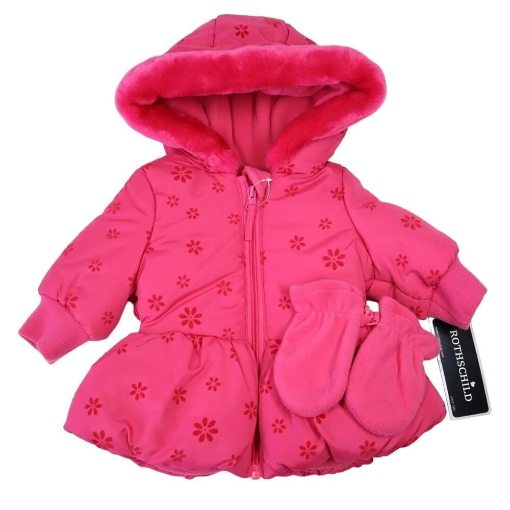 Rothschild Pink Daisy Fleece Liner Puffer Jacket with Mittens Size‎ 3/6M